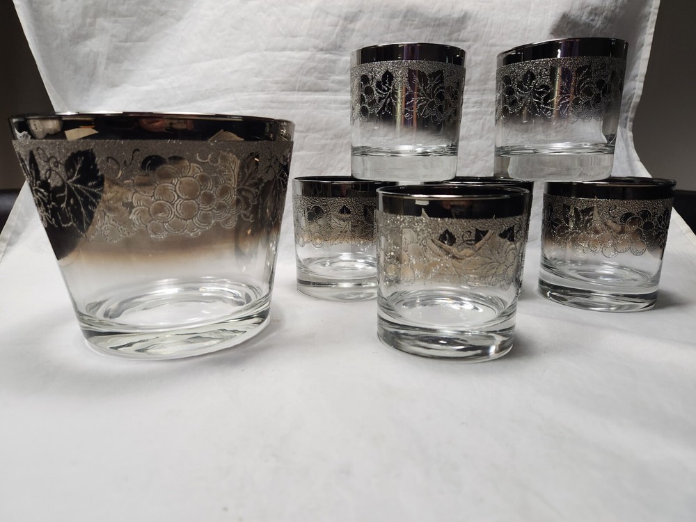 Vitreon Queens Luster Silver Fade Etched Grape MCM 6 Glasses + Ice Bucket