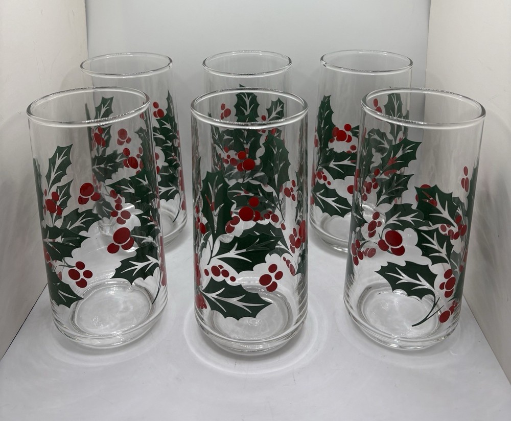 Vintage Indiana Glass Holly Berries Christmas Tumblers Holiday 16 oz Set of 6
