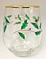 Lenox Holly Pattern Stemless Holiday 6 Fancy Wine Glasses 14kt Gold Rims Labels