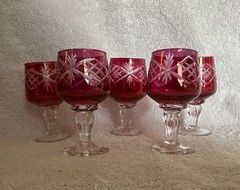 Five Bohemian ￼ Ruby Red Crystal Cut To Clear Cordial Glasses, Italy? 4”-MINT