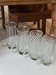 4 Optique Glass Irish Coffee Mugs By Essentials, Curled Handle EUC 5.75” Tall