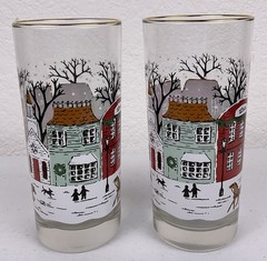VTG Libbey Winter Village Horse Sleigh Gold Rim Glasses Set of 2 Christmas