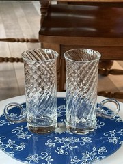 4 Optique Glass Irish Coffee Mugs By Essentials, Curled Handle EUC 5.75” Tall