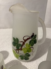 Vintage FROSTED GLASS PITCHER and 6 JUICE GLASSES Green Floral Design