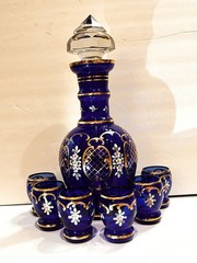 Murano Tre Fuochi Beverage Set 24K Gold Trim Decanter 6 Cordial Glasses Cobalt