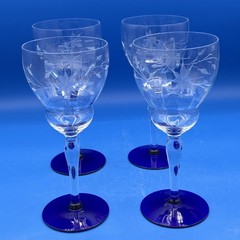 4 Vtg Art Deco Louie Weston Optic Crystal Cobalt Blue Base Water Wine Glasses 8″