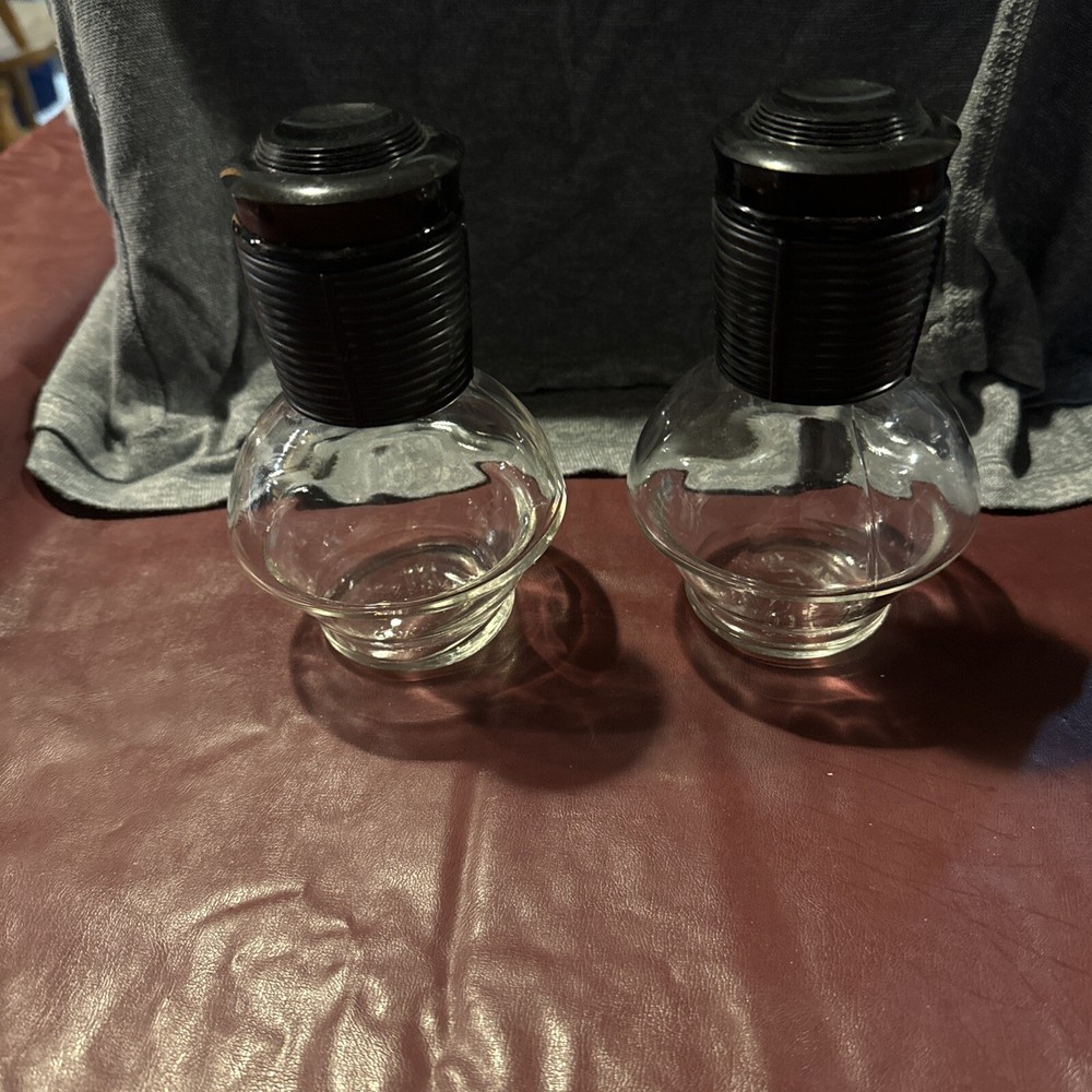 MCKEE Hottle Glasbake set of 2 Vintage Clear Glass Black TOP TEA/COFFEE