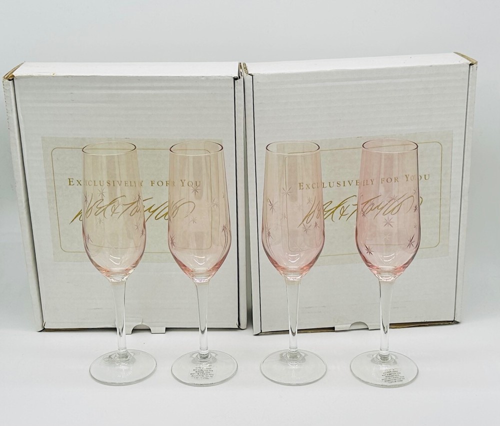 4 Lord & Taylor Pink Glass Wine Champagne Flutes Glasses Etched Starburst Stars