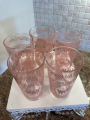 “Vintage Federal Glass Pink Colonial Courting Scene Tumblers – Set of 5¼ Glasses
