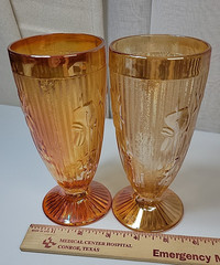 2Jeanette Iris Herringbone Marigold 6″ Footed Iridescent Carnival Glass Tumblers
