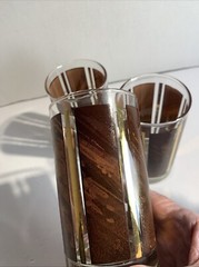 MCM Vtg Libby Hiball Tall Tumbler Glasses Set (3) Wood Grain Gold Blocks Barware