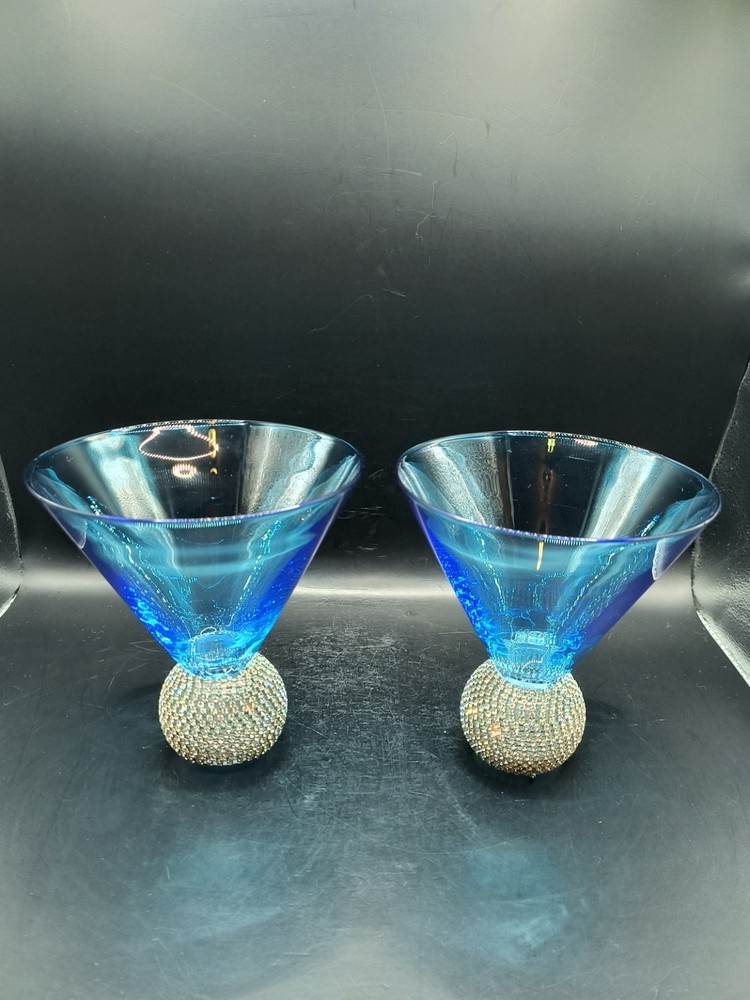 2 Blue Crystal Diamond Studded Martini Glasses