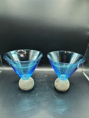 2 Blue Crystal Diamond Studded Martini Glasses