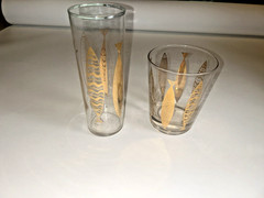 MCM Fred Press Atomic Fish Highball Lowball Glass Gold Yellow Mid Century Modern