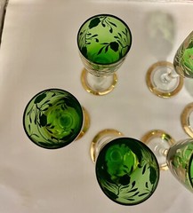 Stemware-(6) Emerald Green and Gold Floral Design-Sherry/cordial Flutes-