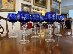 Set of 8 Sapphire Blue Cut to Clear Crystal Wine Glasses 8” Tall Bavaria Germany