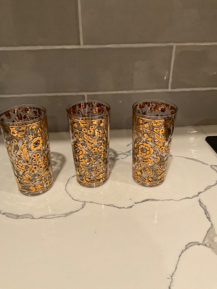 Culver Kaleidoscope Black 22k Gold Decorated Highball Glasses Set of 3 Vtg.