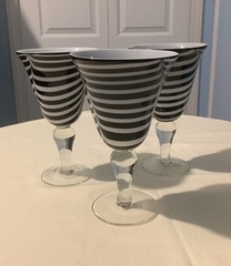 Set Of 3 Italian Carlo Murano Hand-Blown Glass Goblets Black/White Swirl 12 Oz.