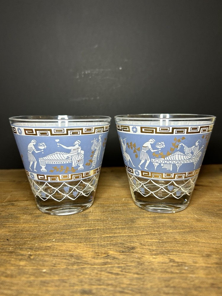 Vtg Cera Glass Etruscan Frieze Old Fashioned Glasses Set Of 2 Blue White Gold