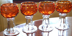 Set 4 Hand Blown ORANGE OPTIC COIN DOT GLASS Water Goblets EMPOLI ITALY 1960s
