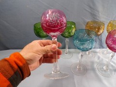 8 Bohemian Cut-to-Clear Crystal Wine Hocks Goblets Green Blue Cranberry Amber