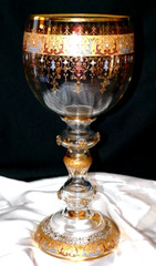 Moser Antique Chalice Glass 12 1/2″ T. High Relief Enamel Gold Scrollwork c1910