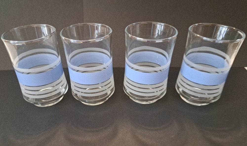 Vintage 4 Libbey Juice Glass Tumblers Clear with Blue & White Frosted Stripes