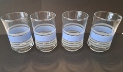 Vintage 4 Libbey Juice Glass Tumblers Clear with Blue & White Frosted Stripes