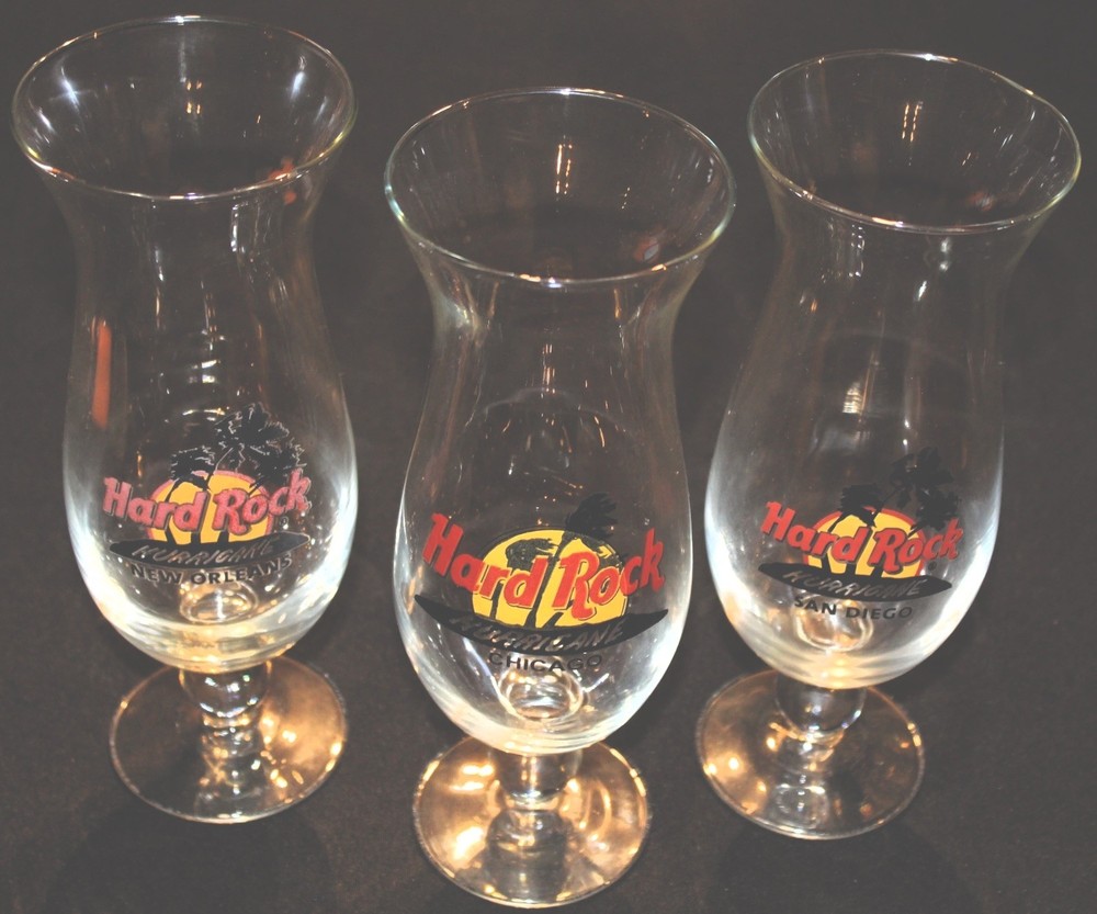 Hard Rock Set Of Three Hurricane Glasses Chicago – New Orleans – San Diego