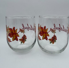 Thanksgiving Fall Leaves Stemless Wine Glasses GRATEFUL Barware 16oz S/2 B39