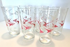 Set of 6 Vtg MCM Pink & White Boomerang Atomic Drinking Glasses Hazel Atlas