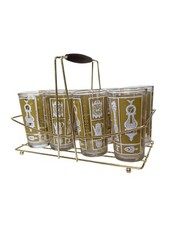 MCM Hazelware 9 pc Caddy Barware Drink Set. 8 Highball Glasses Gold Tone Carrier