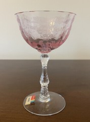 (2) VTG Fostoria Navarre 5 5/8” Pink & Blue Etched Champagne Glass Sticker READ