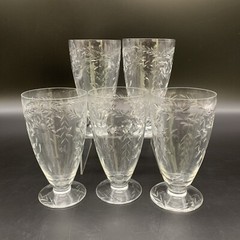 Set of 5 Vintage Floral Leaf Etched Crystal Water Glasses