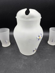Frosted Glass Hand Painted Juice Pitcher And Glasses Purple Flowers Vintage