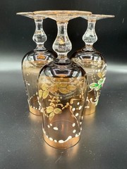 Italian Venetian Smoky Glass Enameled Gold Accented Set of 3 Wine Glasses