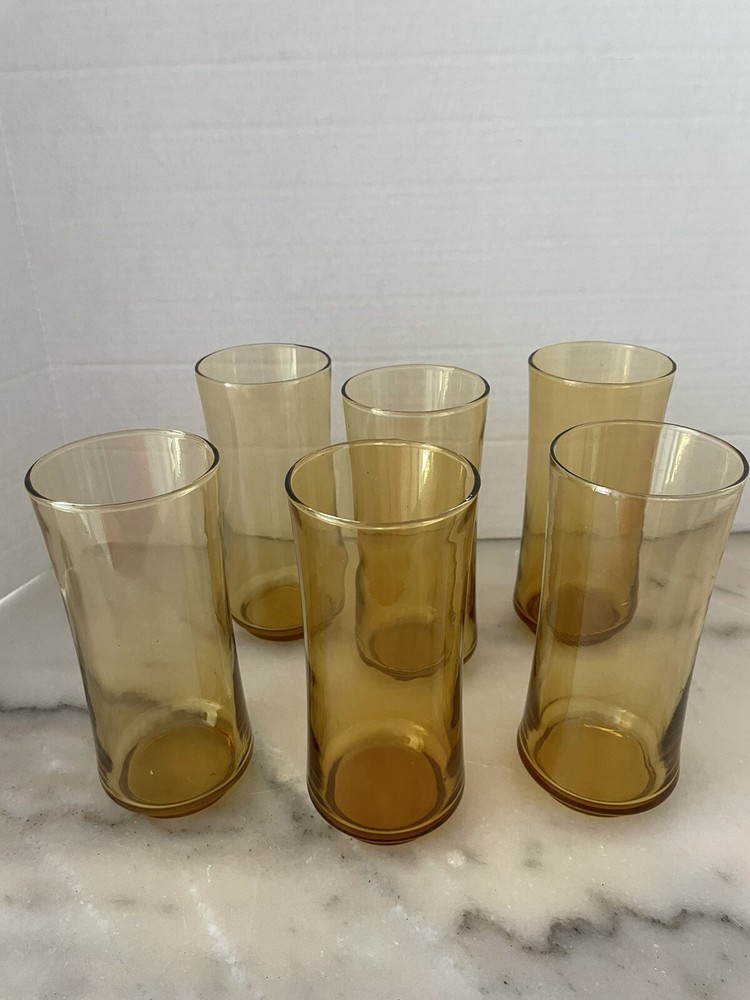 Vintage 70s Libbey Yellow 16oz Glasses Set of 6 Retro Curve