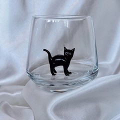 3D Drinking Glass Cup with Handmade Blown Glass Cat Figurine Inside, Stemless