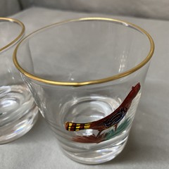 Vtg MCM Handpainted 3D Enamel Pheasant Gold Rim Old Fashion Tumbler Bar Glasses