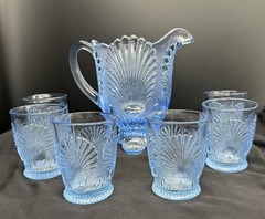 Vintage Mosser light blue Pressed Glass Shell Pattern Pitcher + 6 tumblers