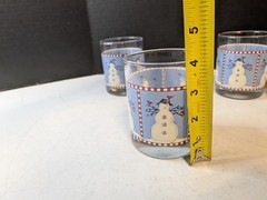 Vtg Anchor Hocking Debbie Mumm Snowman Set 4 Rocks Glasses 4” Blue White 1998