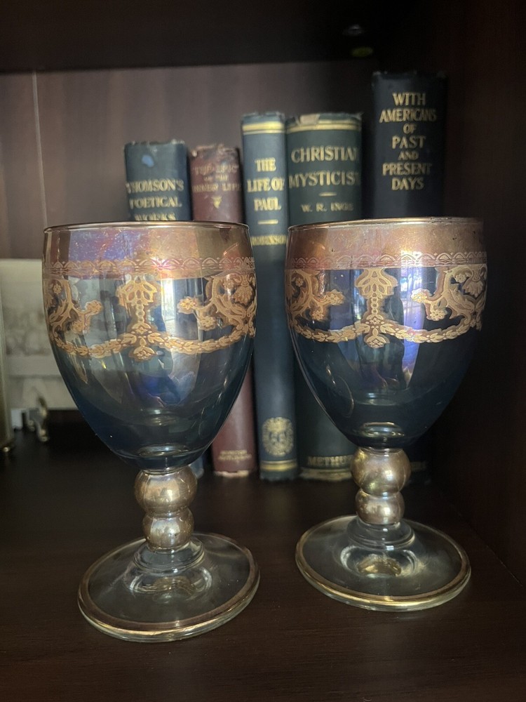 Vintage Murano Gold And Blue Irisdicent Glass Goblets Set Of 2