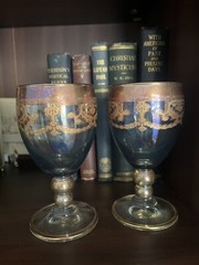 Vintage Murano Gold And Blue Irisdicent Glass Goblets Set Of 2