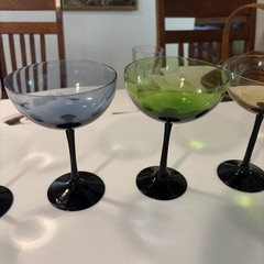 Mid Century Modern Colorful Black Stem 7 Cordial Coupe Cocktail Glasses 5.75”