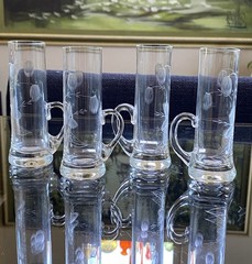 VTG Crystal Cordials Etched Flowers Leaves Clear W Applied Handles Set of 4