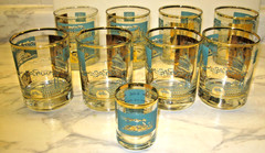 Vtg Set of 8 Libbey 22K Gold Southern Comfort Riverboat Low Ball Glass/shot MCM
