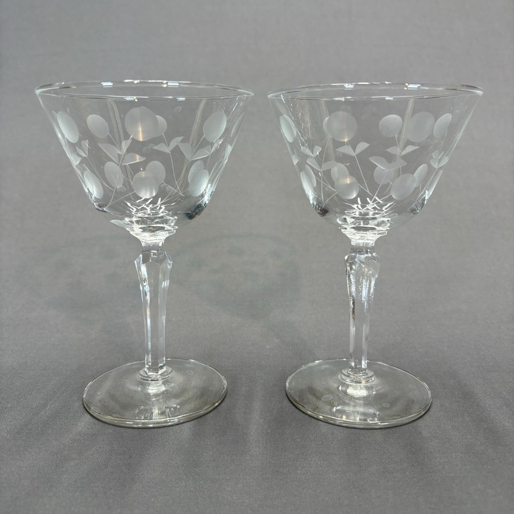 Libbey Carlton Dots Tall Sherbet Champagne Glass 6″ Set of 2 Gray Cut Stem #3001