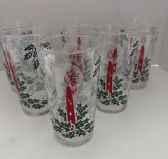 Vtg Set 6 1960’s Christmas Libbey Holly Candle Drinking Glasses 12oz MCM Decor