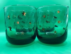 4 Vintage 90s Anchor Hocking Emerald Green Glasses Gold Star Swirl Celestial EUC