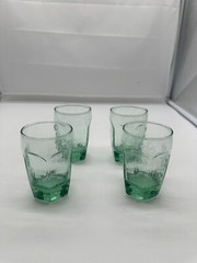 Set of 4 Libbey CHIVALRY GREEN 3 3/4″ Flat Juice Whiskey Glasses Textured Panels